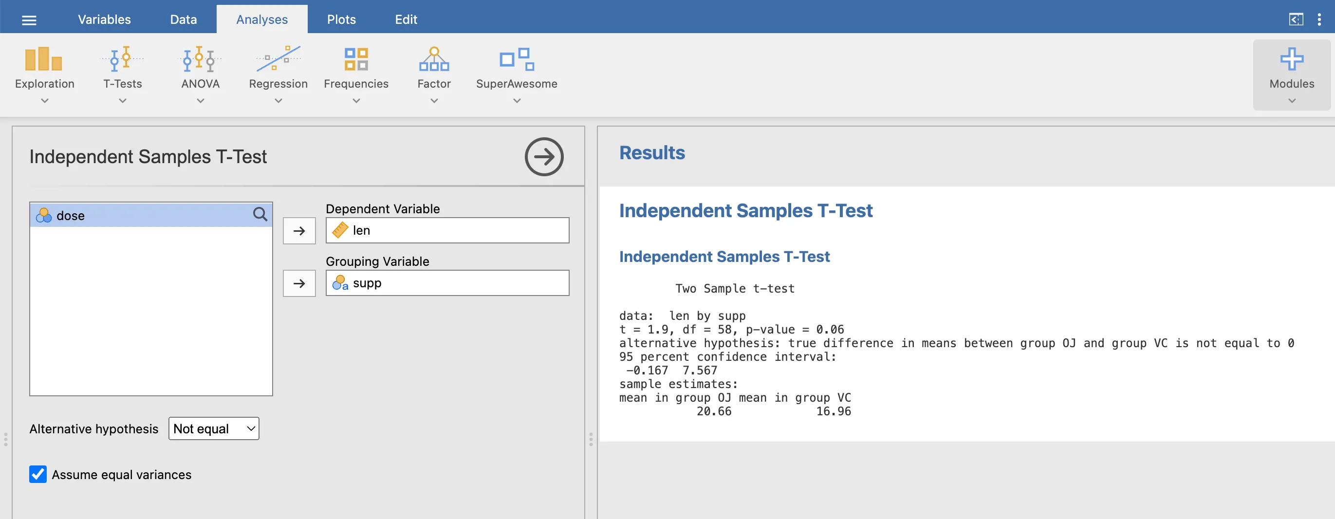 t-test results